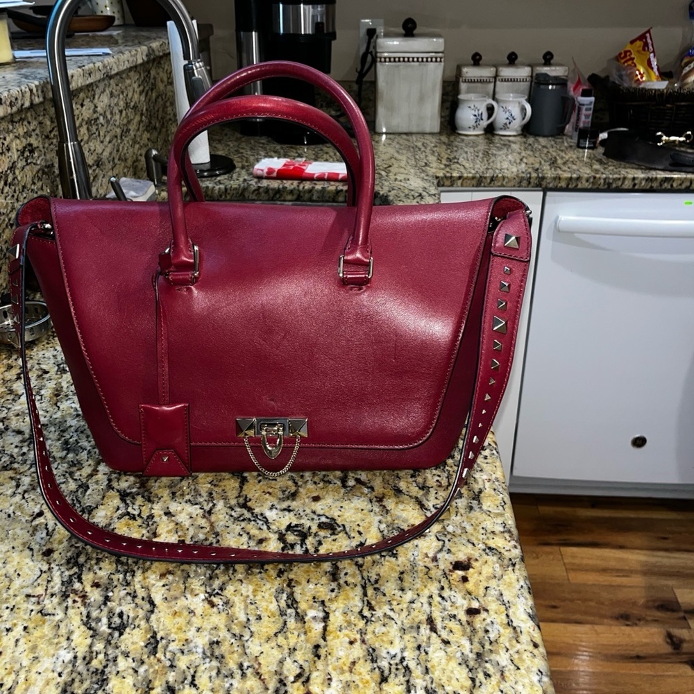 Authentic Valentino Garavani Red Burgundy Leather Bag Large Demilune